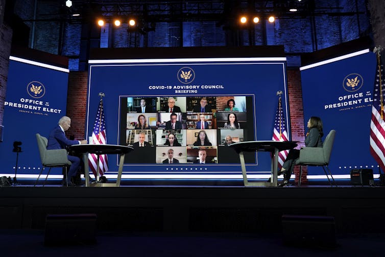 President-elect Joe Biden and Vice President-elect Kamala Harris in a meeting with Biden's COVID-19 advisory council.