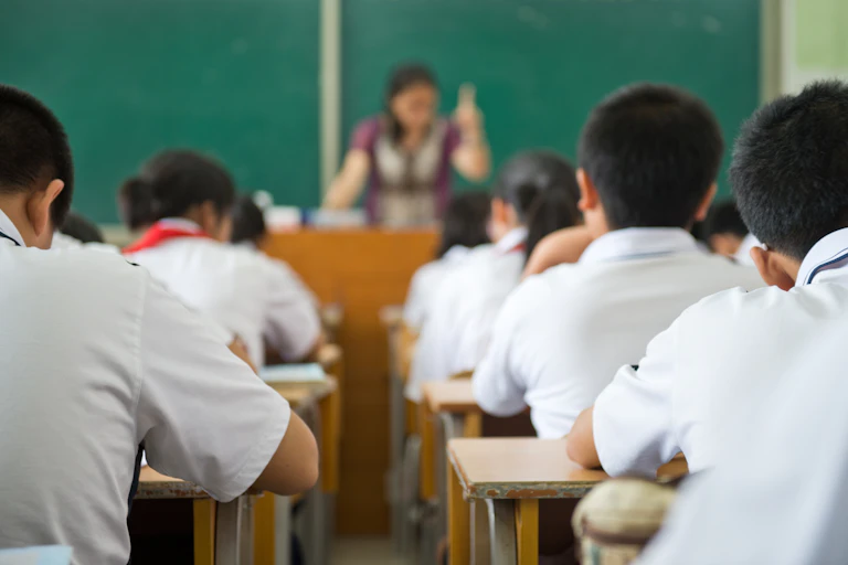 Middle school students in Chinese classroom (from the back)