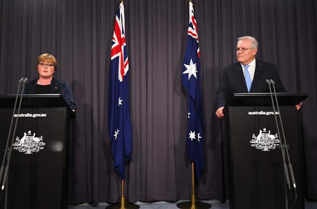Australian Prime Minister Scott Morrison (right) and Australian Defence Minister Linda Reynolds