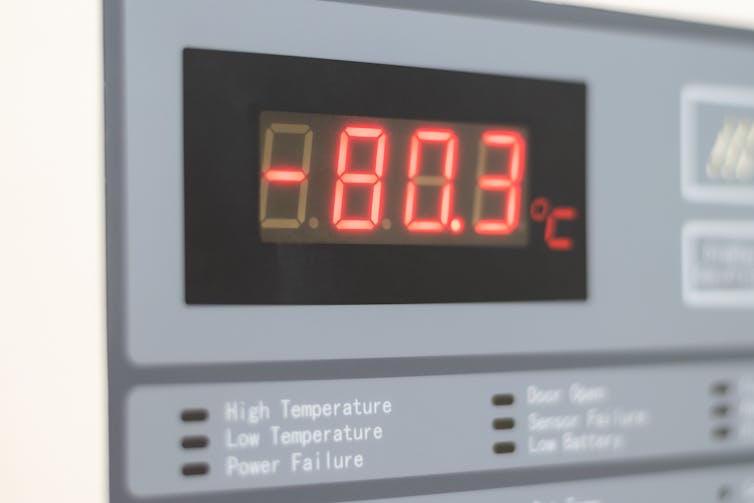 A low-temperature freezer set to -80.3C