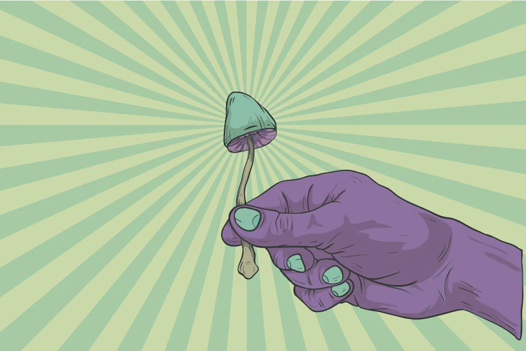 Psychedelic drawing of pink hand holding mushroom.