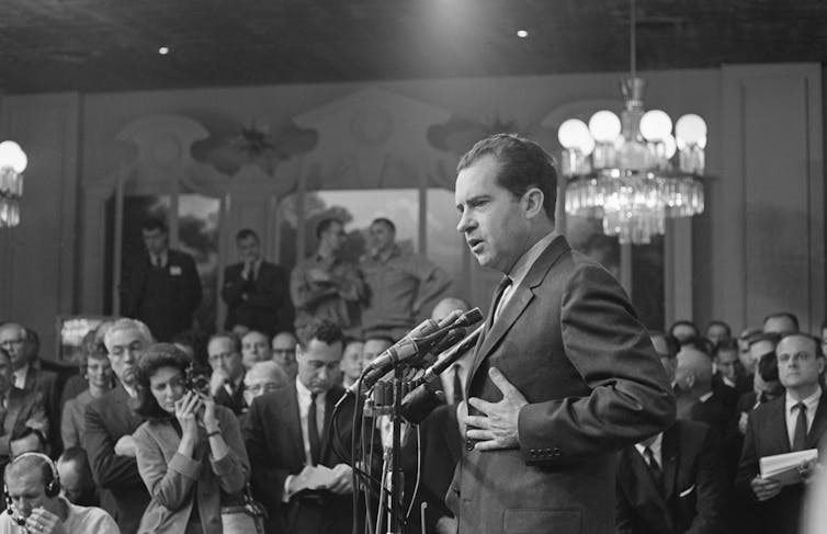 Nixon addresses the press after his 1962 loss.