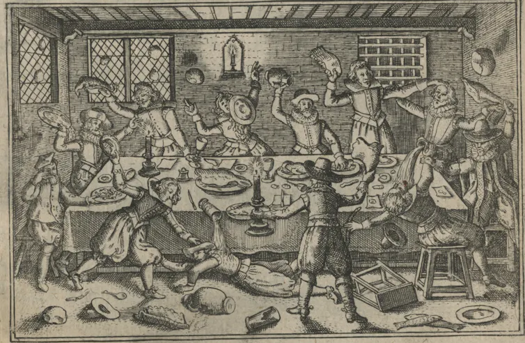 A cartoon of a pie fight