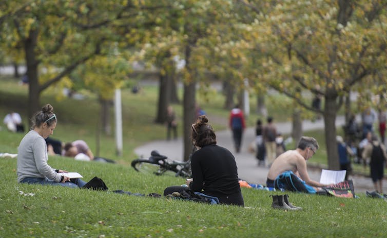 People sitting on the grass in a park