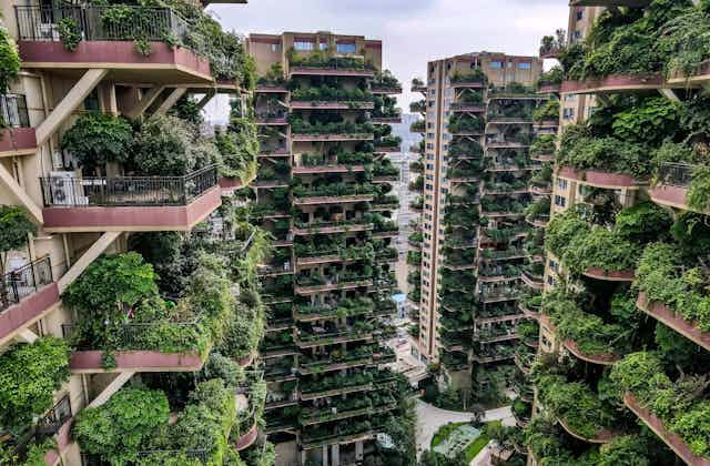 Overgrown vegetation on the balconies of apartments at the Qiyi City Forest Garden residential buildings complex in Chengdu, China.