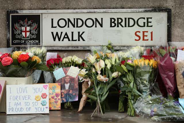 Flowers mark the site of the 2019 London Bridge attack. 