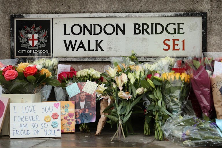 Flowers mark the site of the 2019 London Bridge attack.