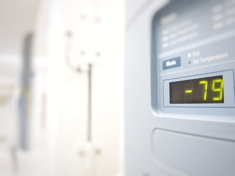 A freezer control panel showing -79C.