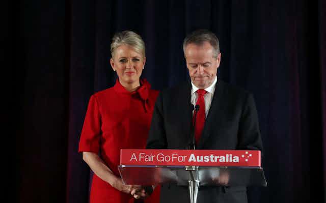 Bill Shorten, with wife Chloe, conceding defeat on election night 2019