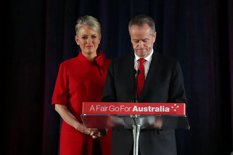 Bill Shorten, with wife Chloe, conceding defeat on election night 2019