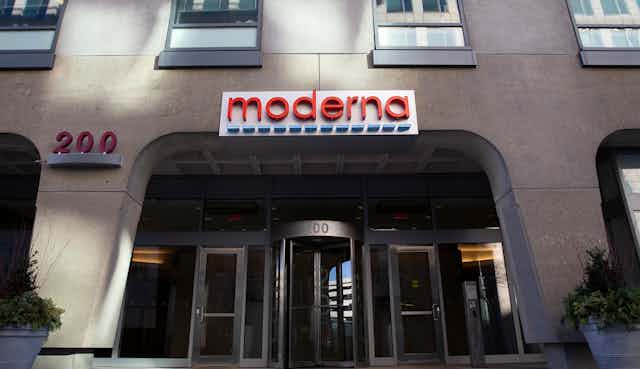 The entrance to Moderna's headquarters in Massachusetts, USA