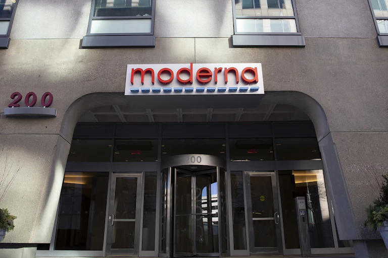 The entrance to Moderna's headquarters in Massachusetts, USA