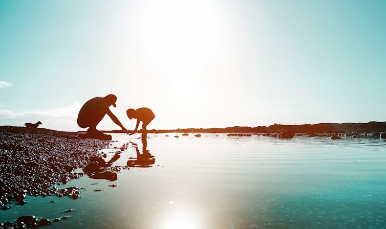 A father and child play at the beach.