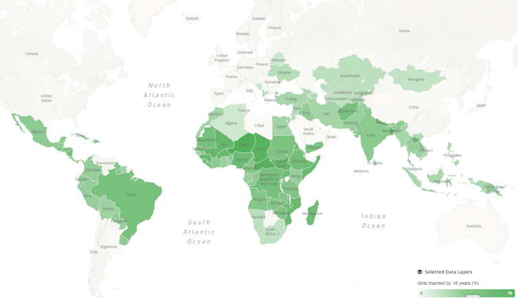 Leyenda: De 0 (gris) a 76% (verde oscuro). Girls not Brides, 2020, con datos de UNICEF