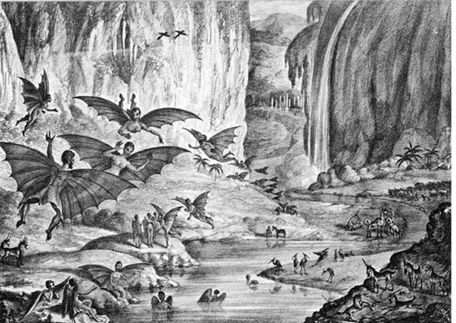 Fantasy picture with flying bat-men, unicorns, rivers and forests.