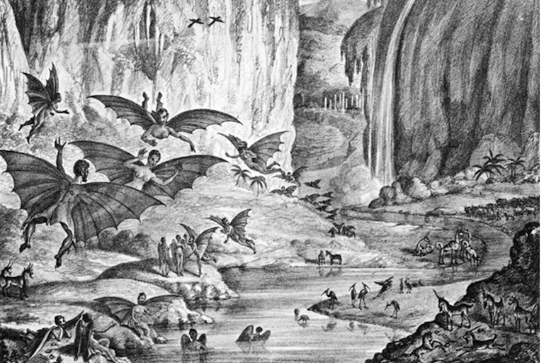 Fantasy picture with flying bat-men, unicorns, rivers and forests.
