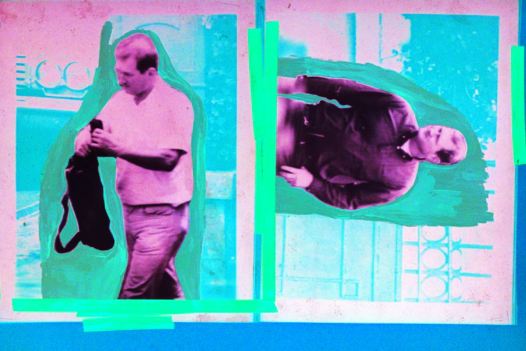 Technicolor photos of a man in jeans and a white T-shirt walking and carrying an unidentified package
