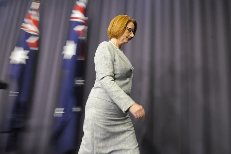 Former Prime Minister Julia Gillard leaving a press conference at Parliament House.