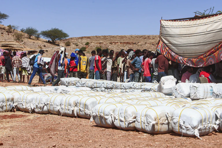 Ethiopian refugees fleeing fighting in Tigray province queue to receive supplies at the Um Rakuba camp in Sudan's eastern Gedaref province, on November 16, 2020. - Sudan -- one of the world's poorest countries, now faced with the massive influx -- has reopened the camp, 80 kilometres (50 miles) from the border. It once housed refugees who fled Ethiopia's 1983-85 famine that killed over a million people.