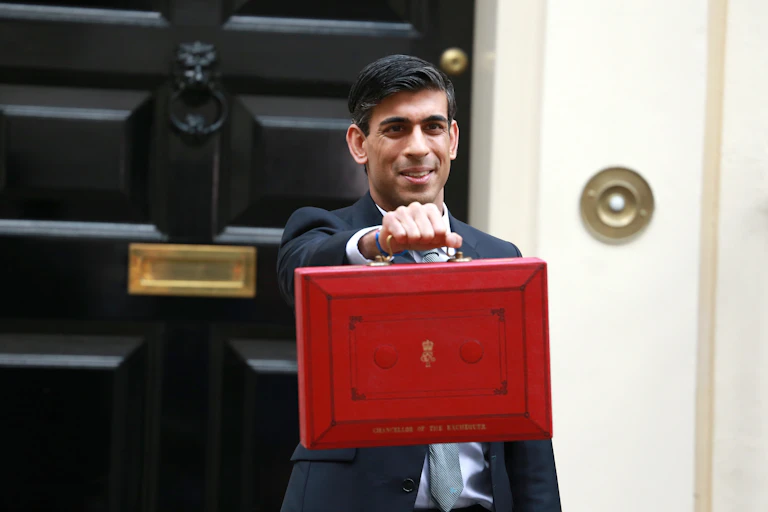 London, United Kingdom-March 11, 2020: Rishi Sunak, Chancellor of the Exchequer, leaves No.11 Downing Street to present his budget at the House of Commons in London, UK
