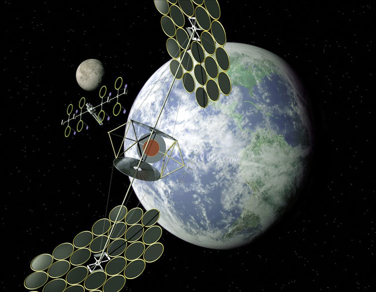 Artist designs of a solar power satellite, nicknamed the SPS concept of the integrated symmetrical concentrator.