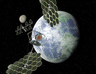 Concepciones artísticas de un satélite de energía solar, denominado concepto SPS del concentrador simétrico integrado.
