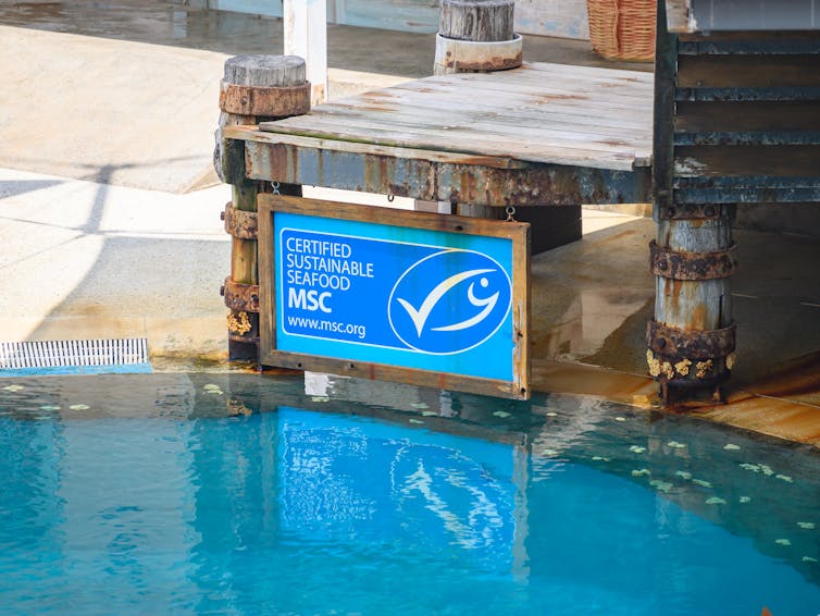 A 'certified sustainable seafood' sign next to a pool.