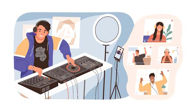 Illustration of a man DJing on live stream at home to people listening at home.