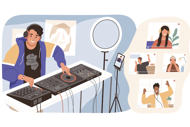 Illustration of a man DJing on live stream at home to people listening at home.