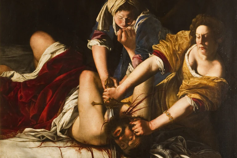 Judith beheads Holofernes while her accomplice pins him down.