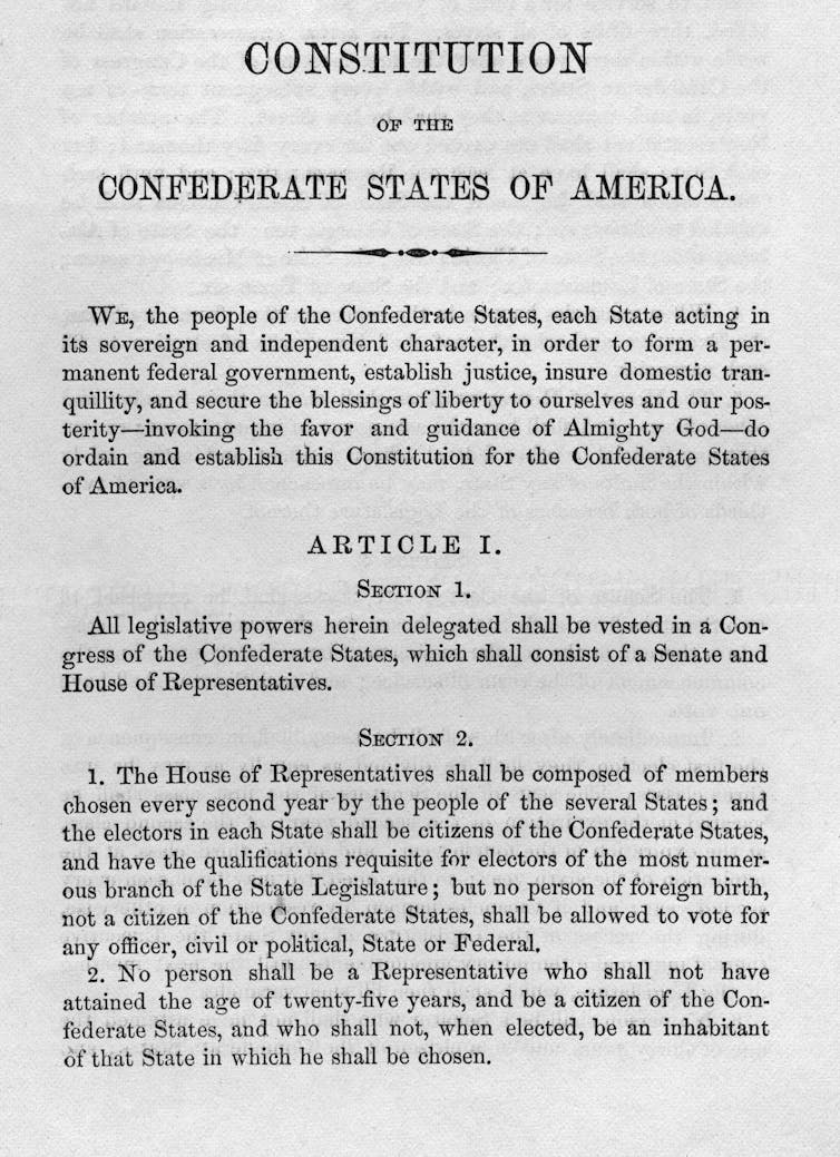 The Constitution of the Confederate States of America before the U.S. Civil War, circa March 1861.