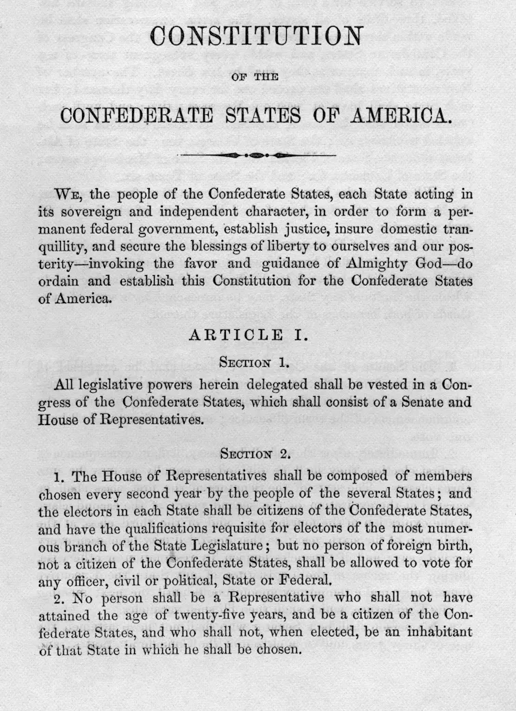 The Constitution of the Confederate States of America before the U.S. Civil War, circa March 1861.