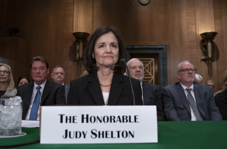 Judy Shelton appeared before the Senate Banking Committee for a confirmation hearing on Feb. 13 on Capitol Hill in Washington.