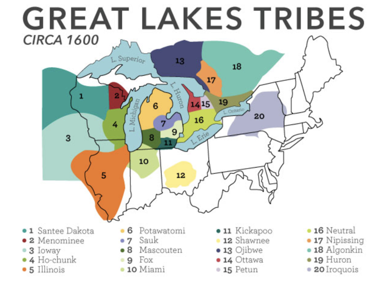 Map of Great Lakes tribes c. 1600.