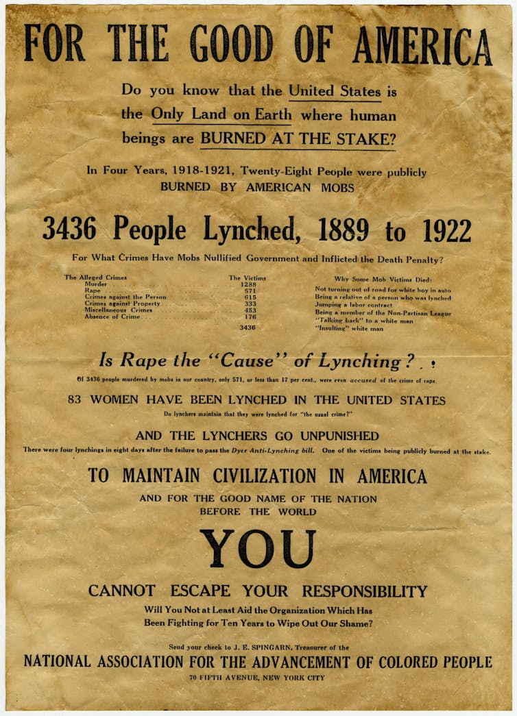 An old NAACP poster calls attention to 3,436 people lynched between 1889 and 1922.