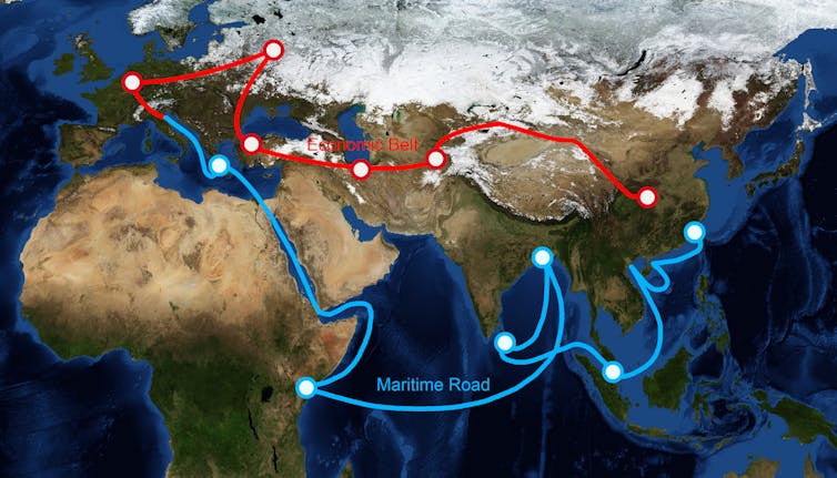 A map showing sea and land routes planned under the Belt and Road initiative.