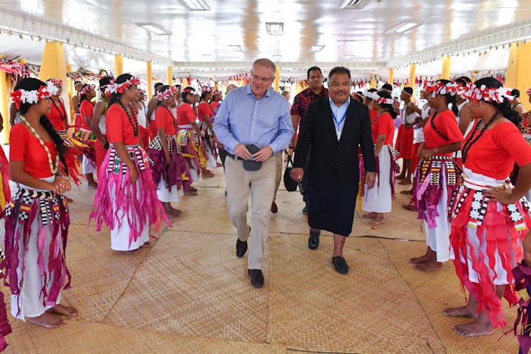 Scott Morrison farewelled by school children in Funafuti, Tuvalu