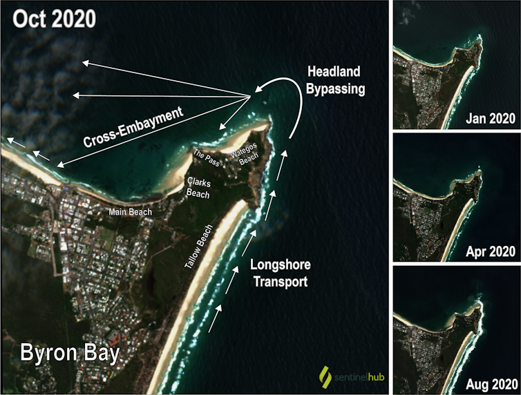 Satellite images showing sand movement around Cape Byron