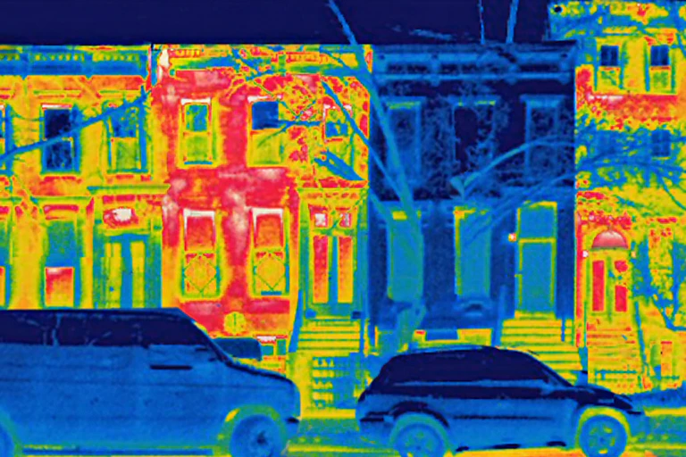 heat radiates from houses on a city block except for one