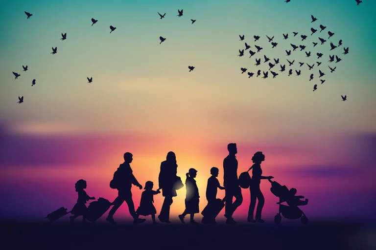 Illustration of sillhouetted people walking with birds above.