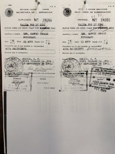 Images of a type-written visa with official stamps