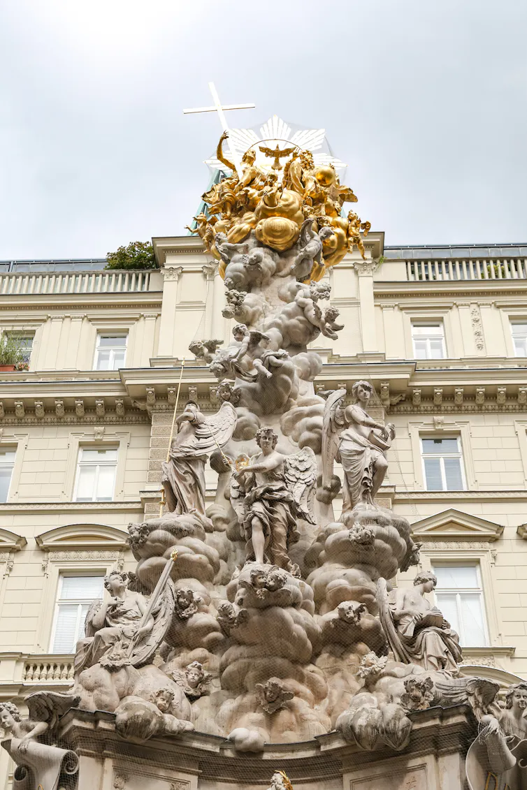 Plague Column in Vienna, Austria, erected in 1694. The angle is looks upwards