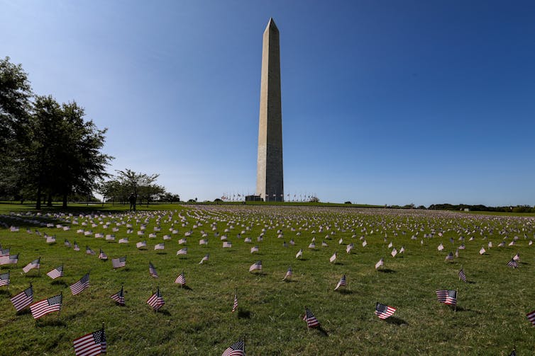 20,000 american flags placed on the lawns of the Washington Monument.