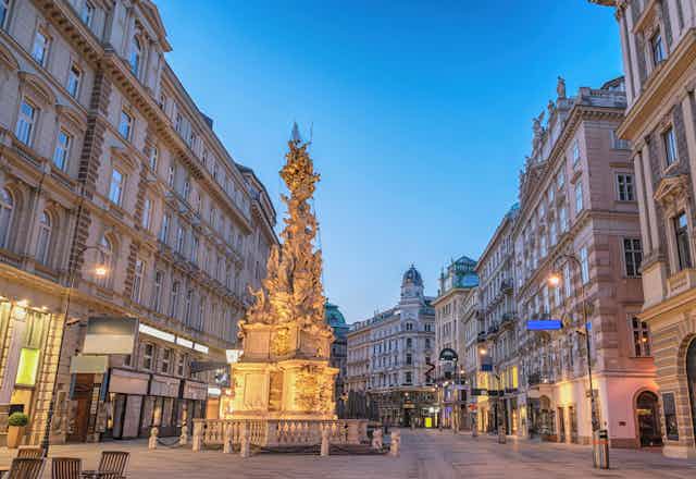A street shot of the Pestsaule plague monument in Vienna.