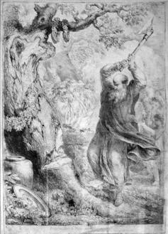 An engraving depicting a bearded man swinging an axe at an oak tree.