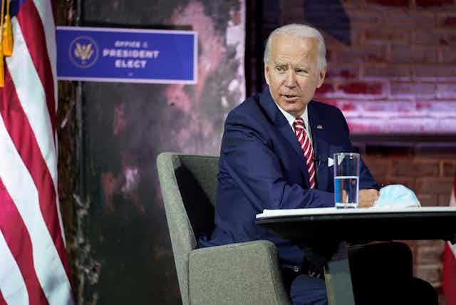 President-elect Joe Biden attends a briefing on the economy on Nov. 16 in Wilmington, Del.
