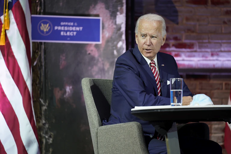 President-elect Joe Biden attends a briefing on the economy on Nov. 16 in Wilmington, Del.