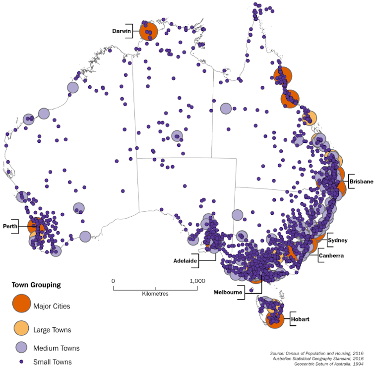 Map showing distribution of population centres around Australia