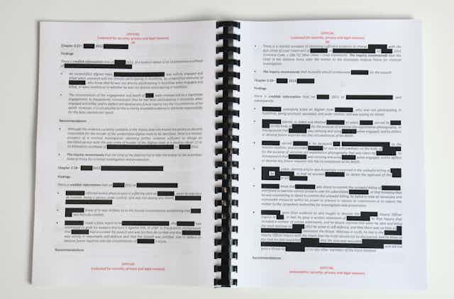 Two pages from the Brereton report, heavily redacted