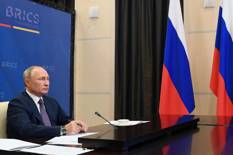 Vladimir Putin meets with other BRICS leaders during a virtual summit, November 2020